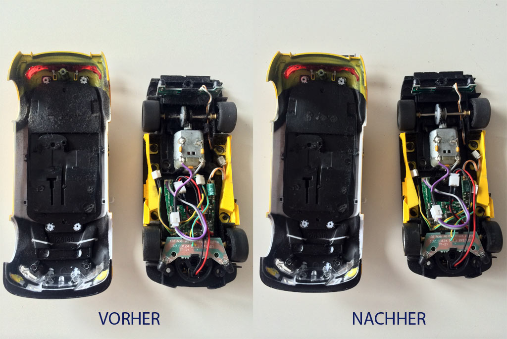 Vergleich vorher - nachher, Carrera Autos Fahrzeuge reinigen