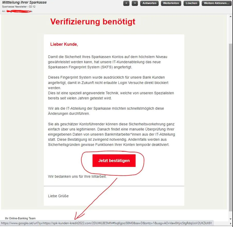 Beispiel Phishing Mail OSPA Ostsee Sparkasse