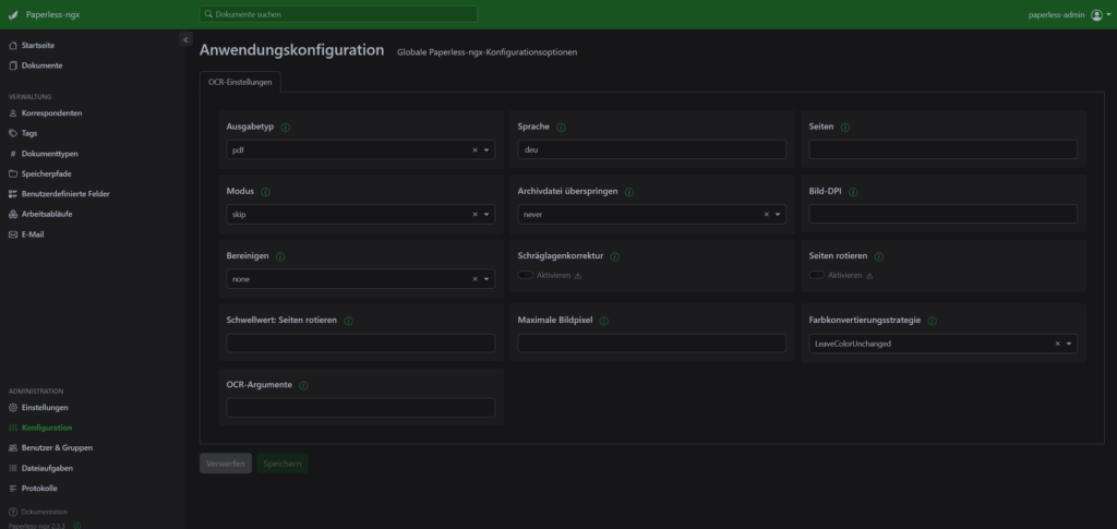 paperless ngx anwendungskonfiguration 