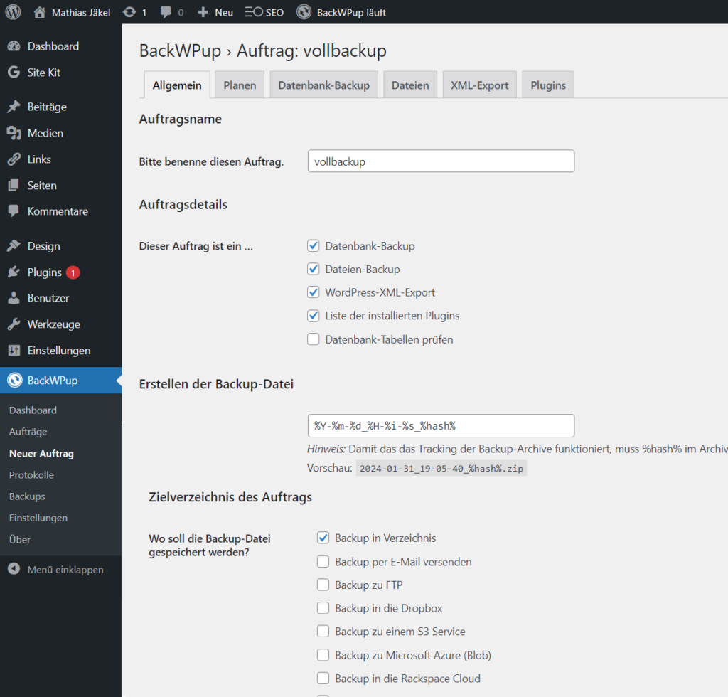 wp backup aufgabe anlegen