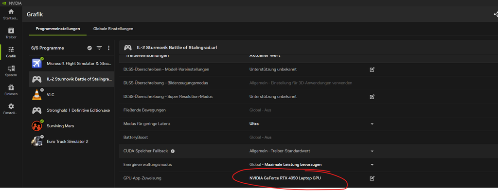 NVidia Systemsteuerung zeigt, dass die performance Grafikkarte genutzt werden soll. Aber ohne Erfolg.